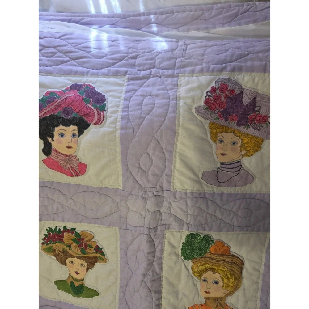 Vtg Quilt Victorian Ladies Applique Edwardian Whimsy Fashion Hats Millinery